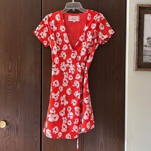 Pink Martini red with white flowered wrap around dress. Size XS